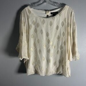 White House Black Market Women's Cream‎ Silk Diamond Print Batwing Sleeve Top S